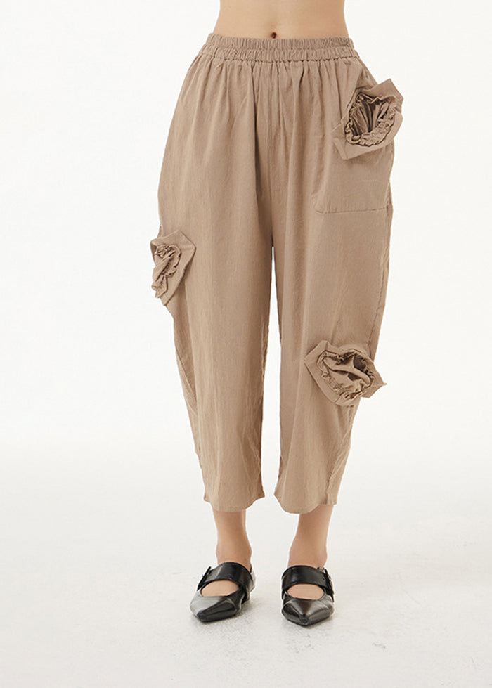Khaki Elastic Waist Cotton Harem Pants Summer