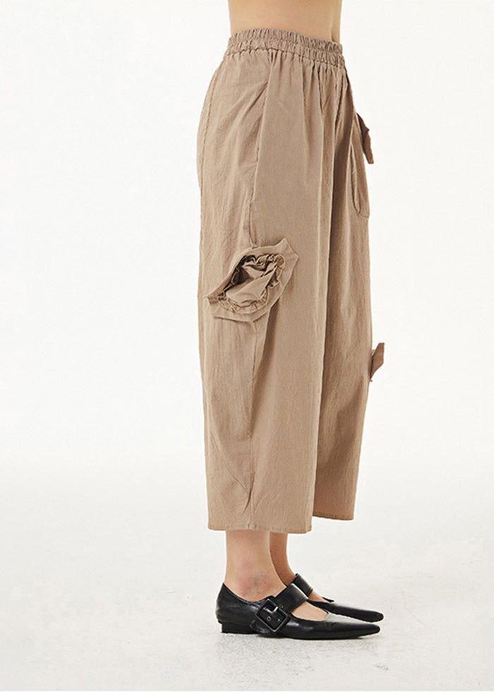 Khaki Elastic Waist Cotton Harem Pants Summer