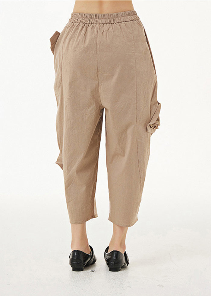 Khaki Elastic Waist Cotton Harem Pants Summer