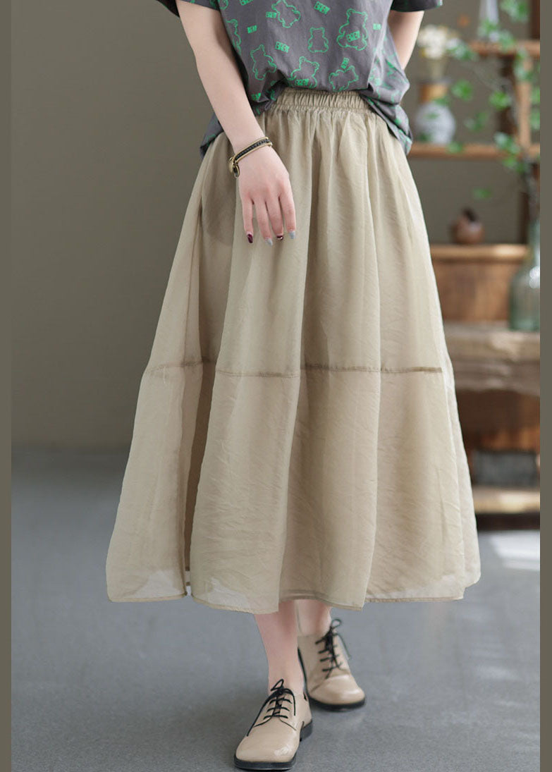 Khaki Elastic Waist Patchwork Organza Skirts Spring