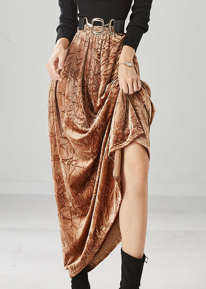 Khaki Elastic Waist Wrinkled Silk Velour Skirt Fall