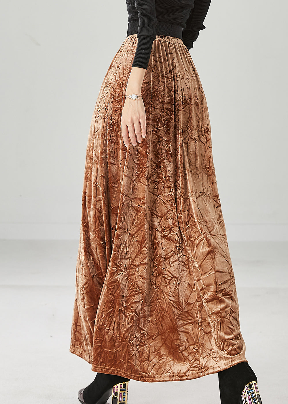 Khaki Elastic Waist Wrinkled Silk Velour Skirt Fall