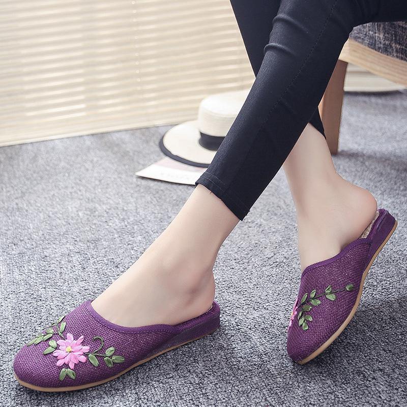 Khaki Embroideried Linen Fabric Slippers Shoes