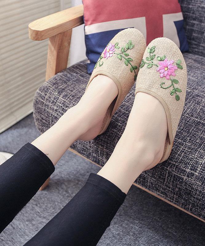 Khaki Embroideried Linen Fabric Slippers Shoes