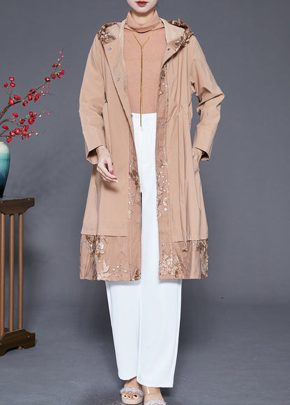 Khaki Embroideried Patchwork Cinched Spandex Trench Fall