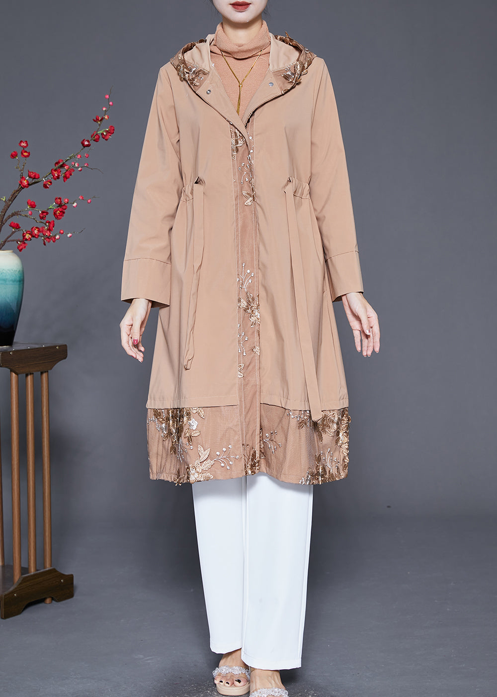 Khaki Embroideried Patchwork Cinched Spandex Trench Fall