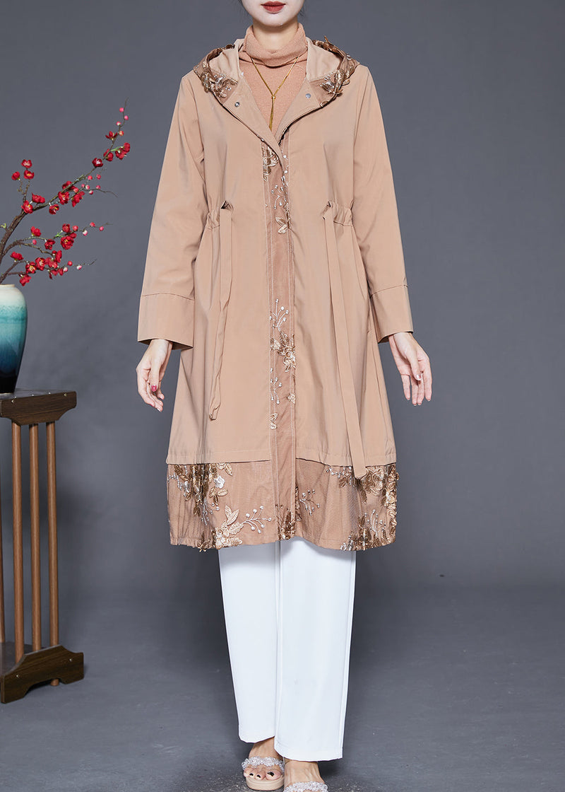 Khaki Embroideried Patchwork Cinched Spandex Trench Fall