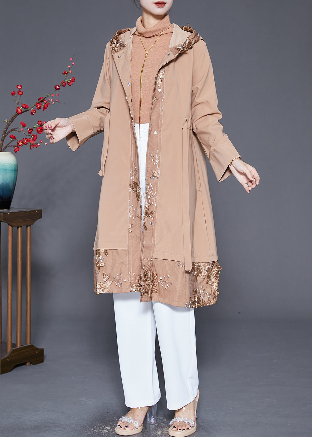 Khaki Embroideried Patchwork Cinched Spandex Trench Fall