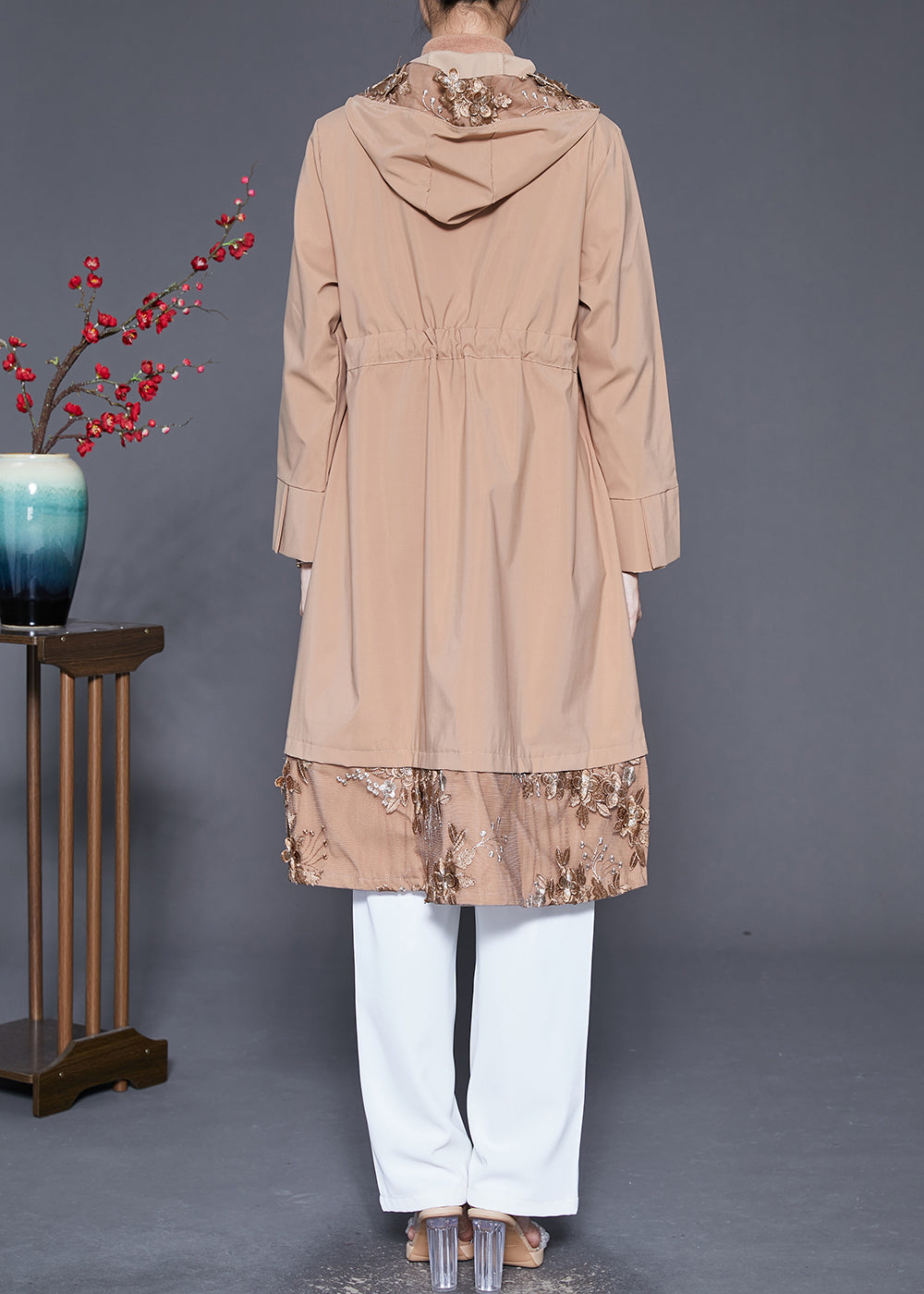 Khaki Embroideried Patchwork Cinched Spandex Trench Fall