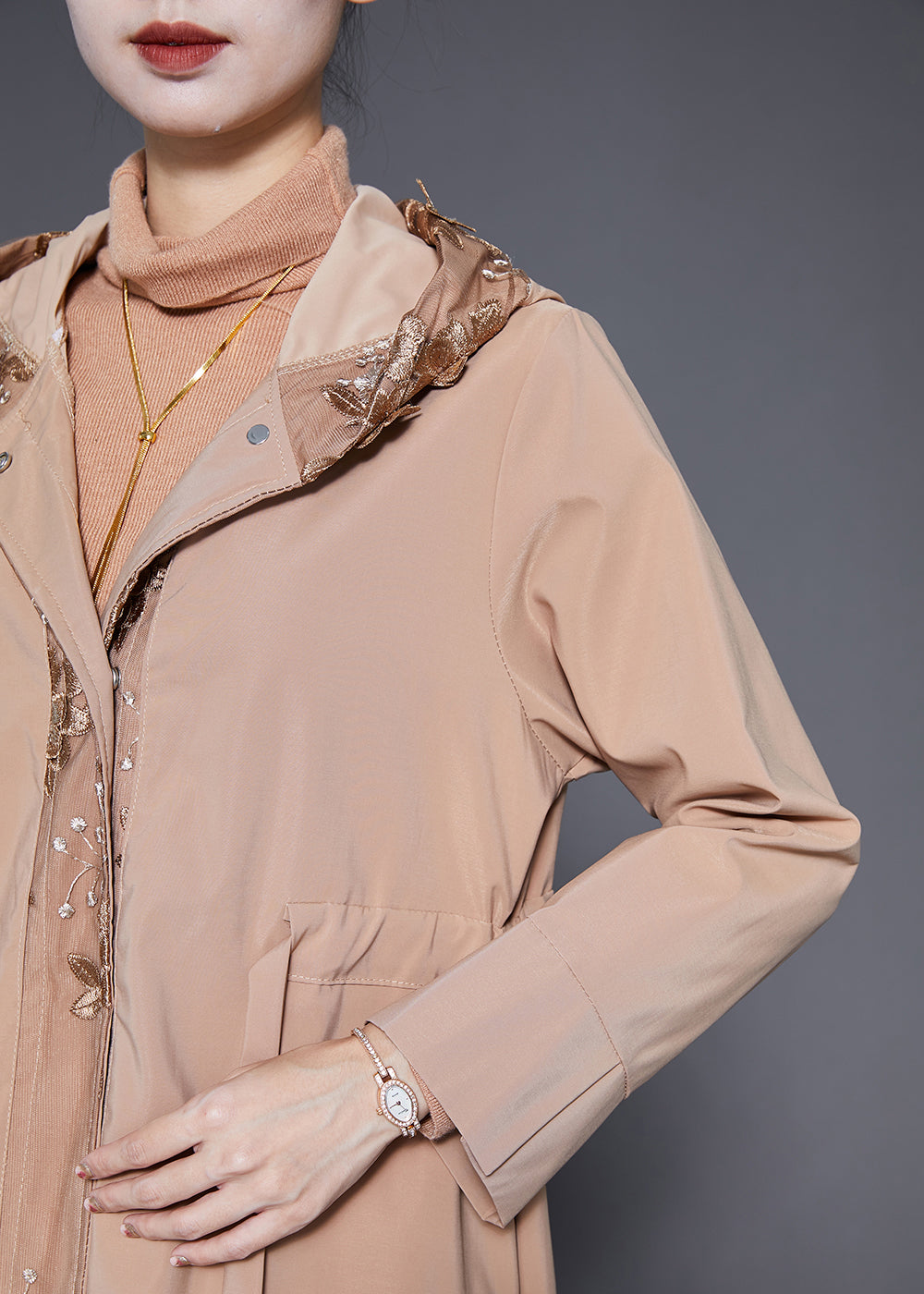 Khaki Embroideried Patchwork Cinched Spandex Trench Fall