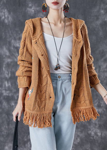 Khaki Embroidered Tasseled Knit Jackets Fall
