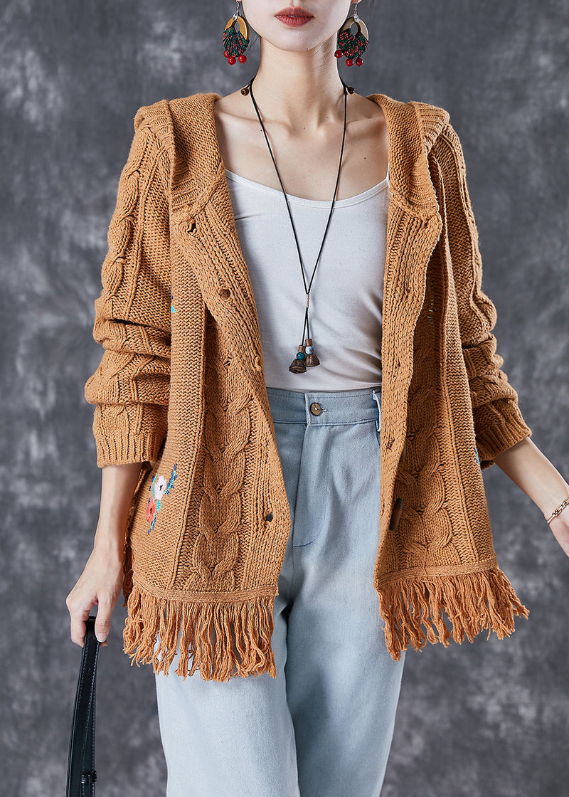 Khaki Embroidered Tasseled Knit Jackets Fall