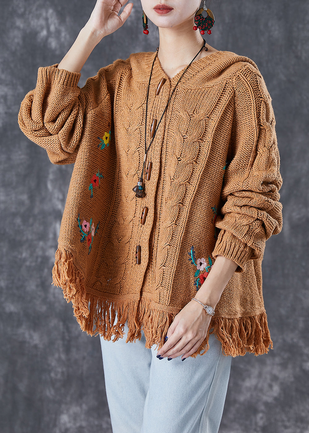 Khaki Embroidered Tasseled Knit Jackets Fall