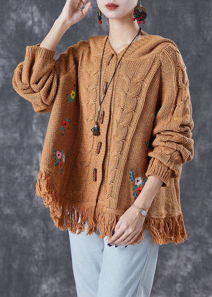 Khaki Embroidered Tasseled Knit Jackets Fall