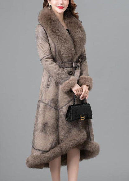 Khaki Fur Collar Sashes Pockets Patchwork Leather and Fur Parkas in Winter