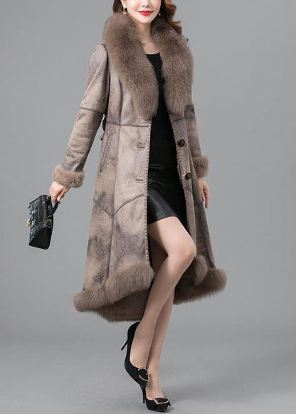 Khaki Fur Collar Sashes Pockets Patchwork Leather and Fur Parkas in Winter