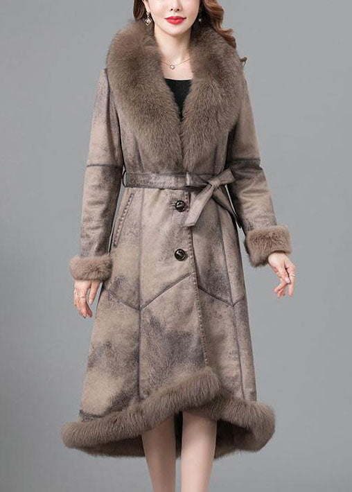 Khaki Fur Collar Sashes Pockets Patchwork Leather and Fur Parkas in Winter