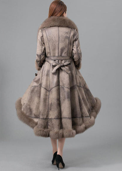 Khaki Fur Collar Sashes Pockets Patchwork Leather and Fur Parkas in Winter
