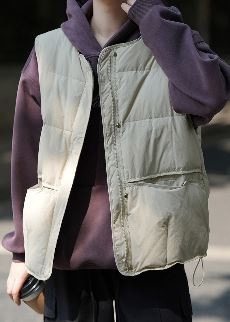 Khaki Green Zip Up Pockets Patchwork Duck Down Vest Sleeveless