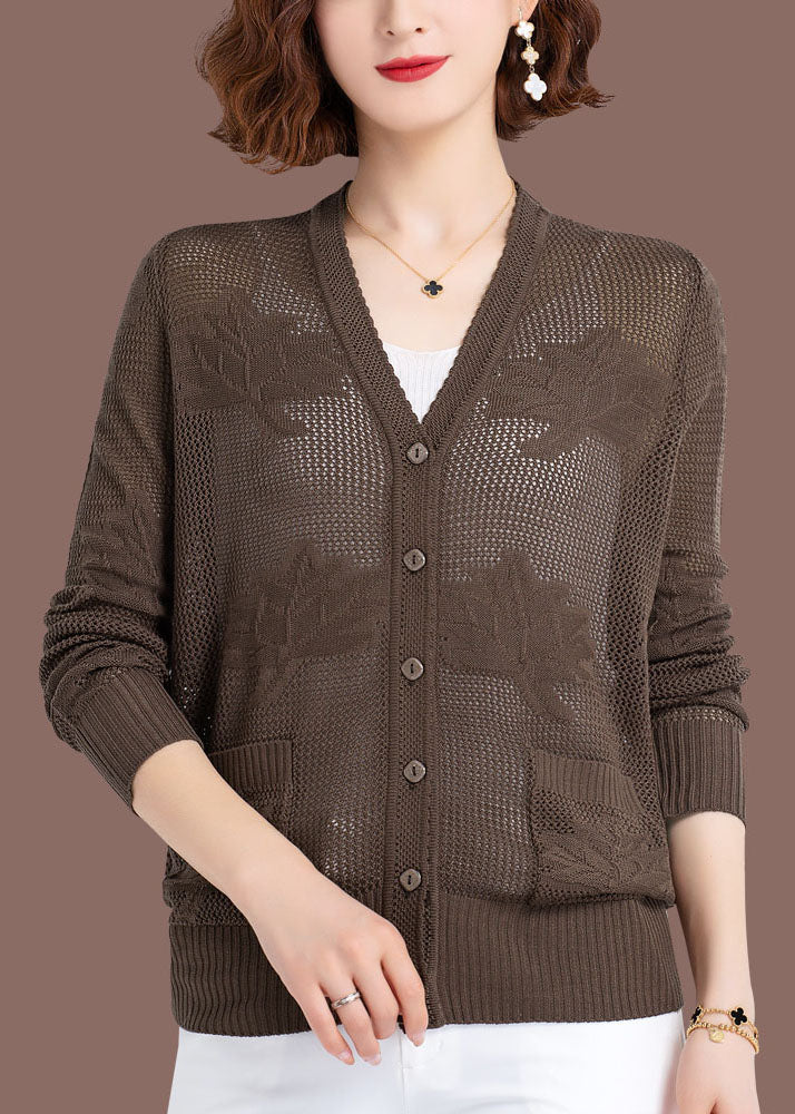 Khaki Hollow Out Embroideried Patchwork Thin Knit Cardigan Fall