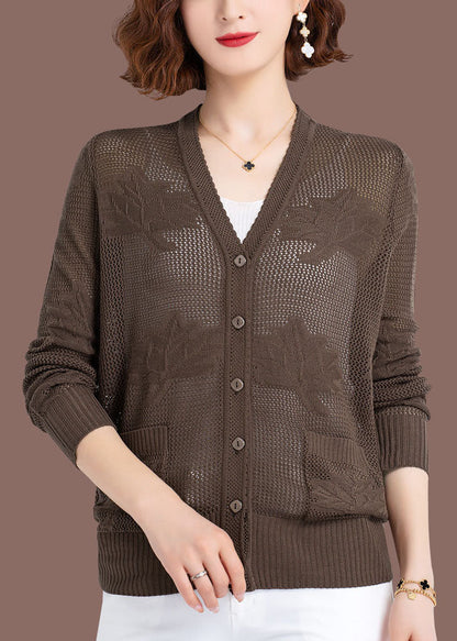 Khaki Hollow Out Embroideried Patchwork Thin Knit Cardigan Fall