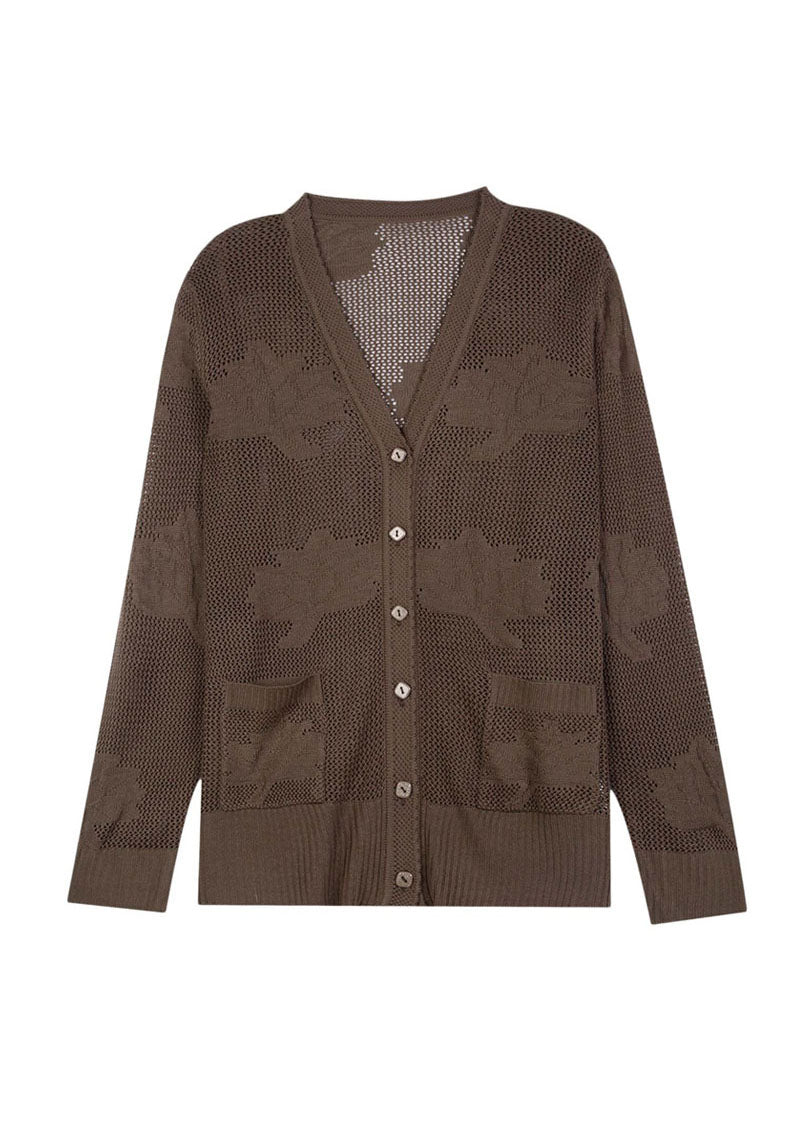 Khaki Hollow Out Embroideried Patchwork Thin Knit Cardigan Fall
