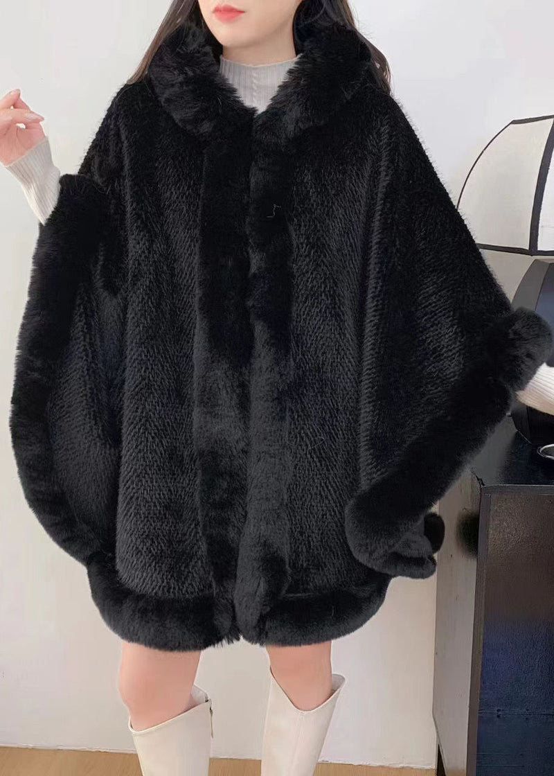 Khaki Hooded Fur Collar Warm Fleece Cape Coat Winter