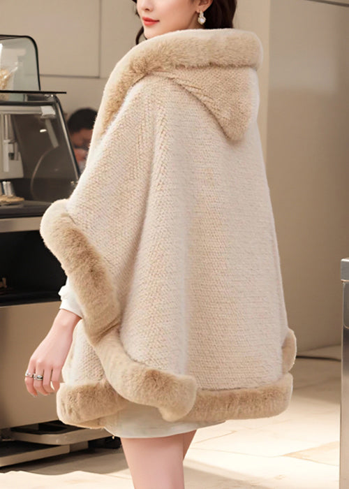 Khaki Hooded Fur Collar Warm Fleece Cape Coat Winter