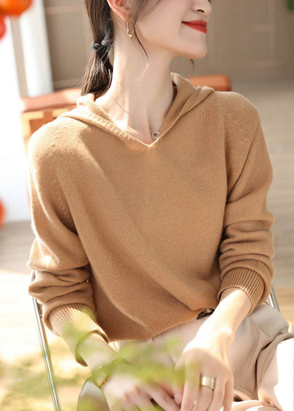 Khaki Hooded Oversized Wool Knit Sweater Tops Spring