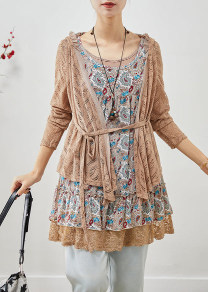 Khaki Hooded Patchwork Wrinkled Cotton Fake Two Piece Mini Dress Fall