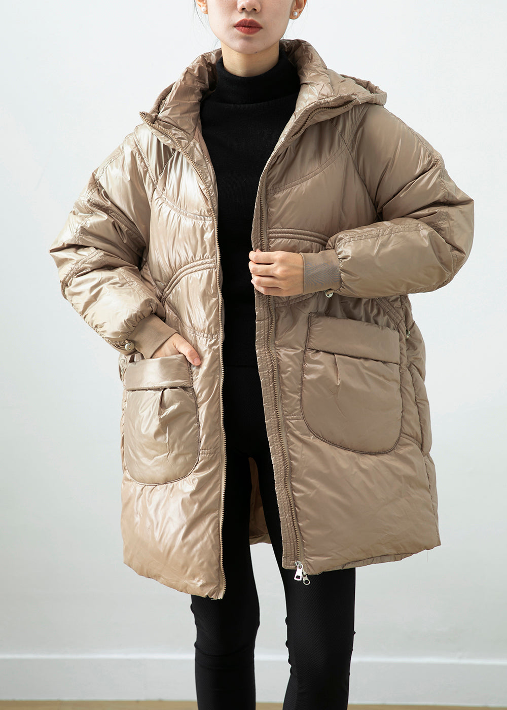 Khaki Hooded Pockets Fine Cotton Filled Winter Coats Winter