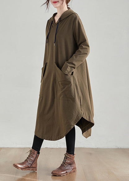 Khaki Hooded Pockets Patchwork Cotton Dress Fall