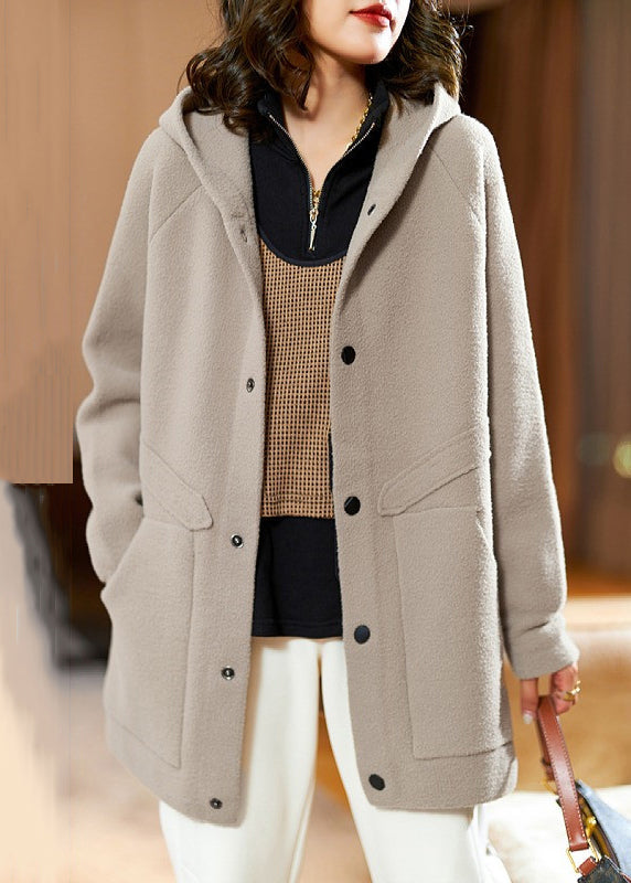 Khaki Hooded Pockets Patchwork Teddy Faux Fur Coat Fall