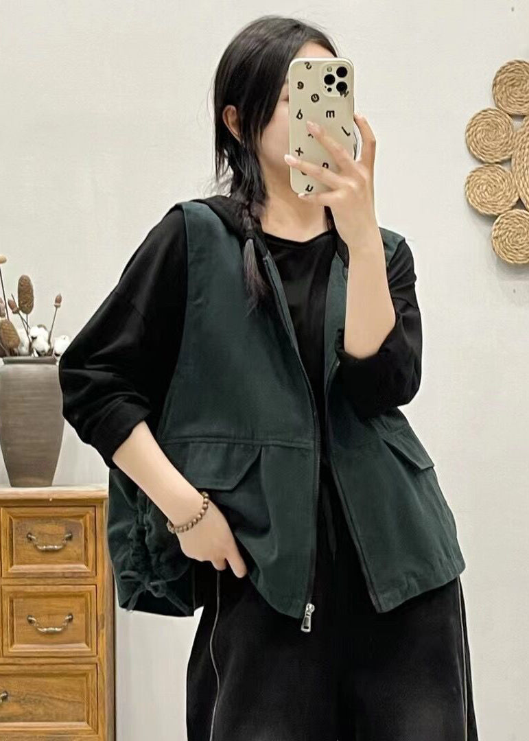 Khaki Hooded Zippered Patchwork Denim Vest Sleeveless