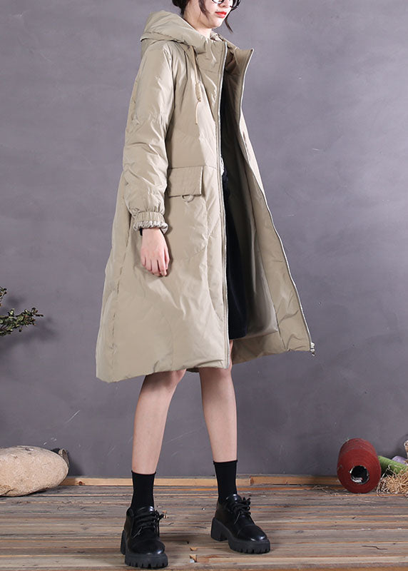 Khaki Hooded Drawstring Duck Down Winter Down Coat