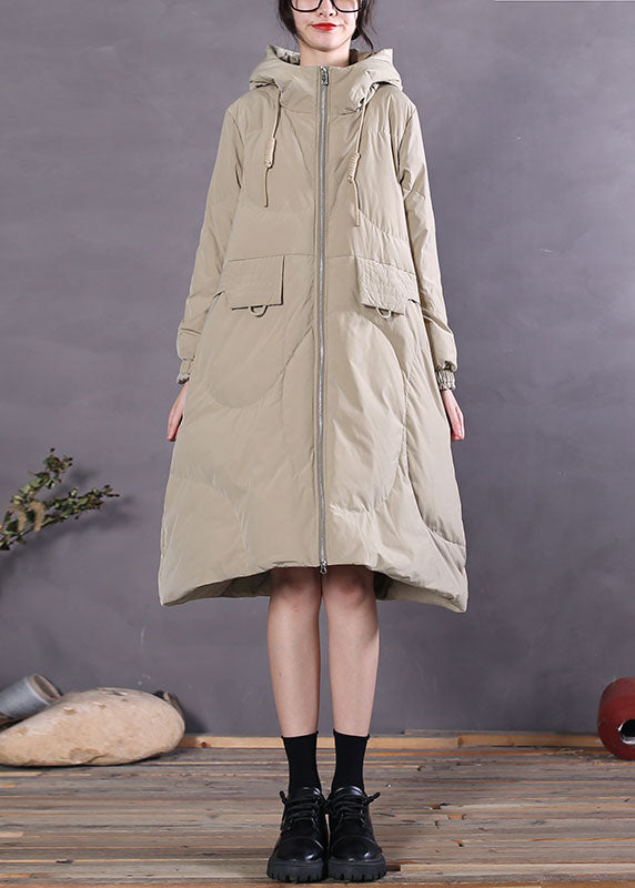 Khaki Hooded Drawstring Duck Down Winter Down Coat