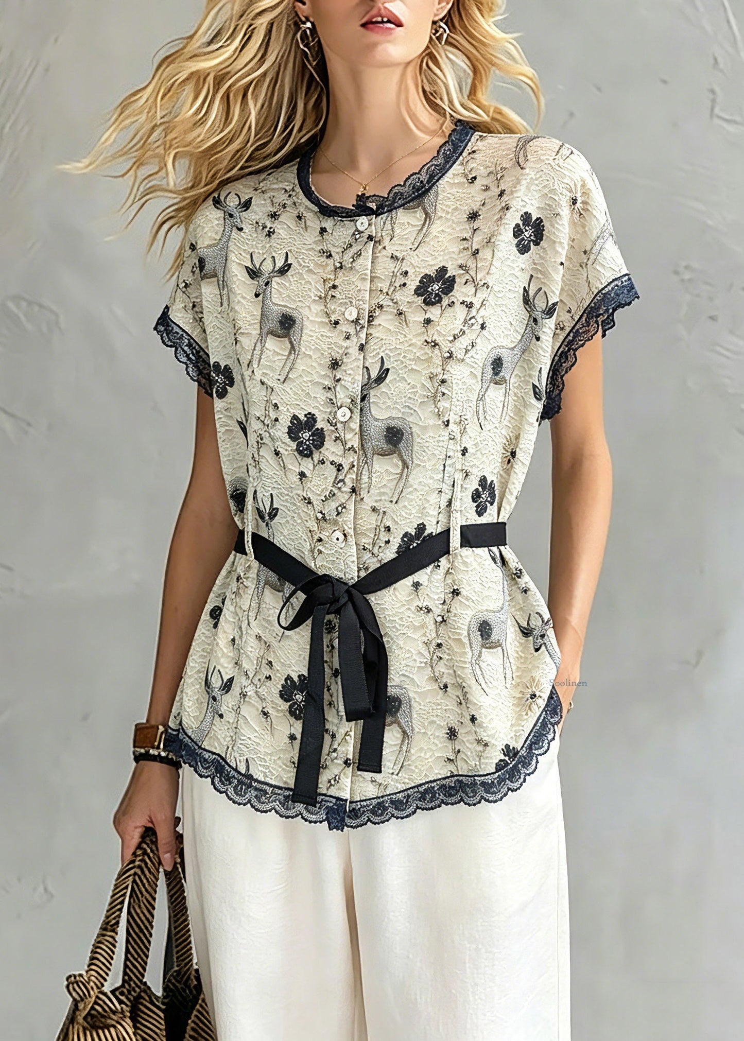 Khaki Lace Patchwork Tie Waist Silk Tops Short Sleeve