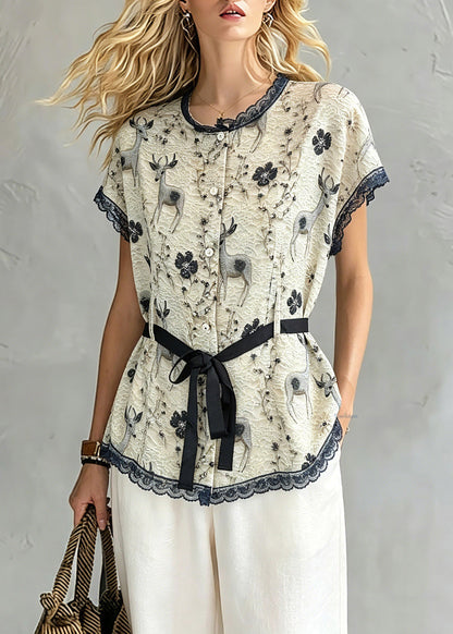 Khaki Lace Patchwork Tie Waist Silk Tops Short Sleeve