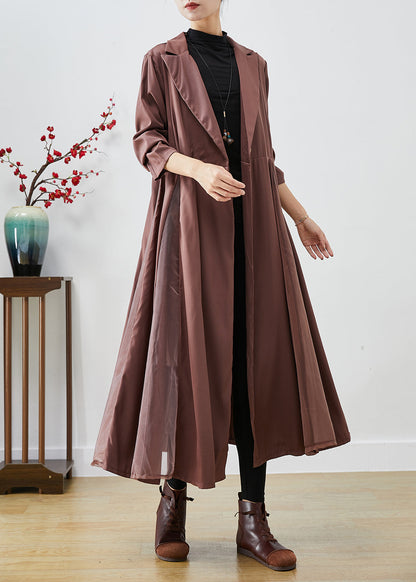 Khaki Lapel Exra Large Hem Patchwork Tulle Spandex Dress Fall
