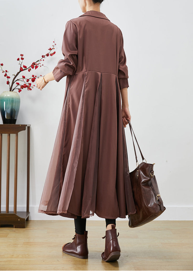 Khaki Lapel Exra Large Hem Patchwork Tulle Spandex Dress Fall
