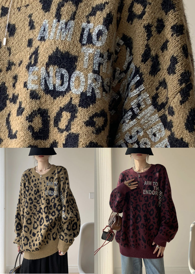 Khaki Leopard O Neck Cozy Knit Sweater Spring