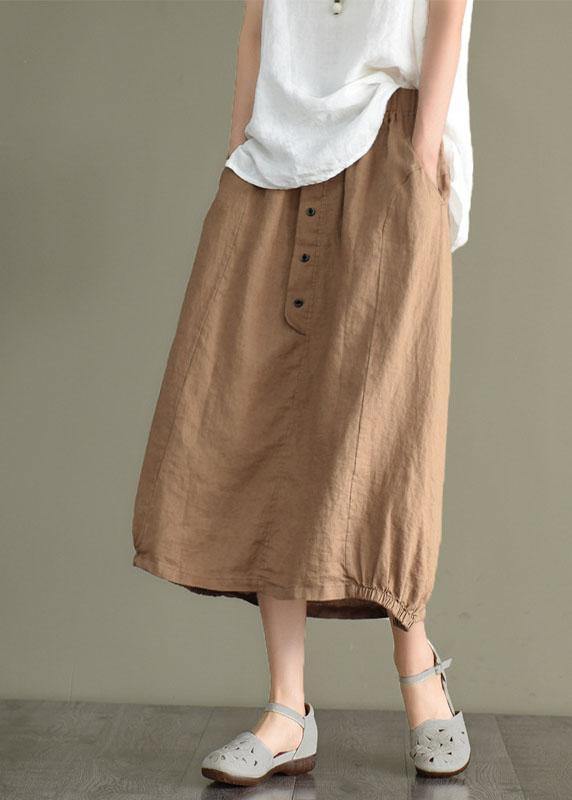 Beige-black Dot Linen Elastic Waist Button Skirt