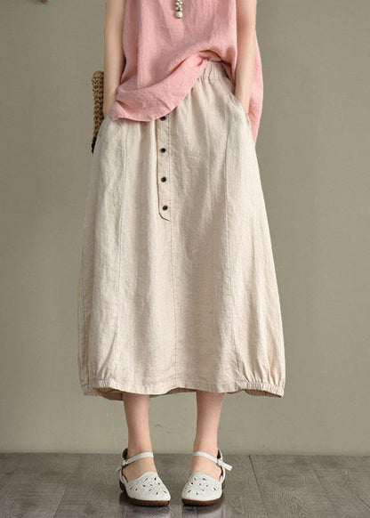 Beige-jellyfish Linen Elastic Waist Button Skirt
