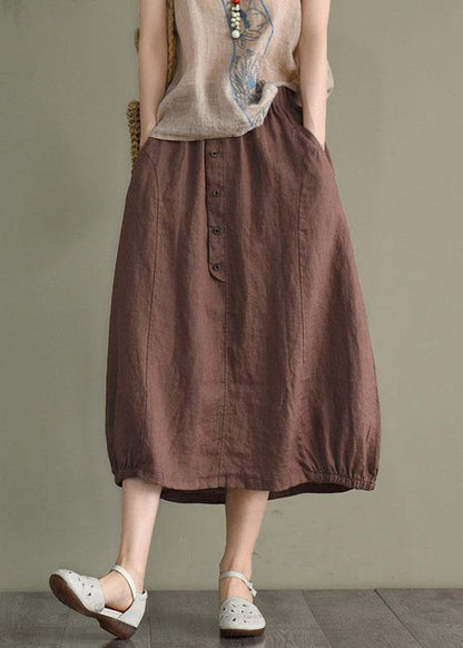 Beige-jellyfish Linen Elastic Waist Button Skirt