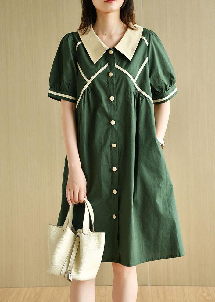 Khaki Loose Puff Sleeve a Line Summer Cotton Dress