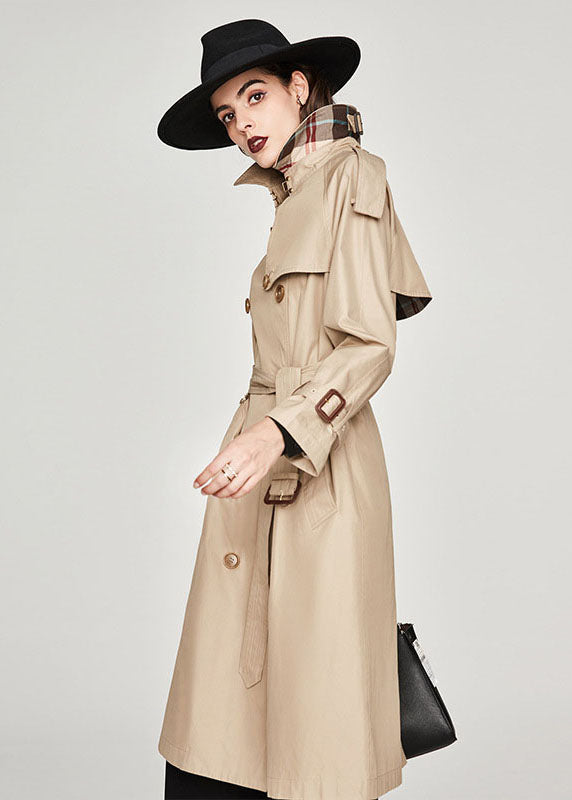 Khaki Notched Collar Side Open Cotton Double Breasted Trench Spring
