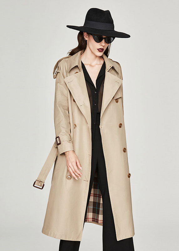 Khaki Notched Collar Side Open Cotton Double Breasted Trench Spring