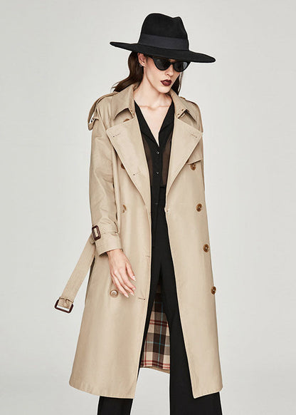 Khaki Notched Collar Side Open Cotton Double Breasted Trench Spring