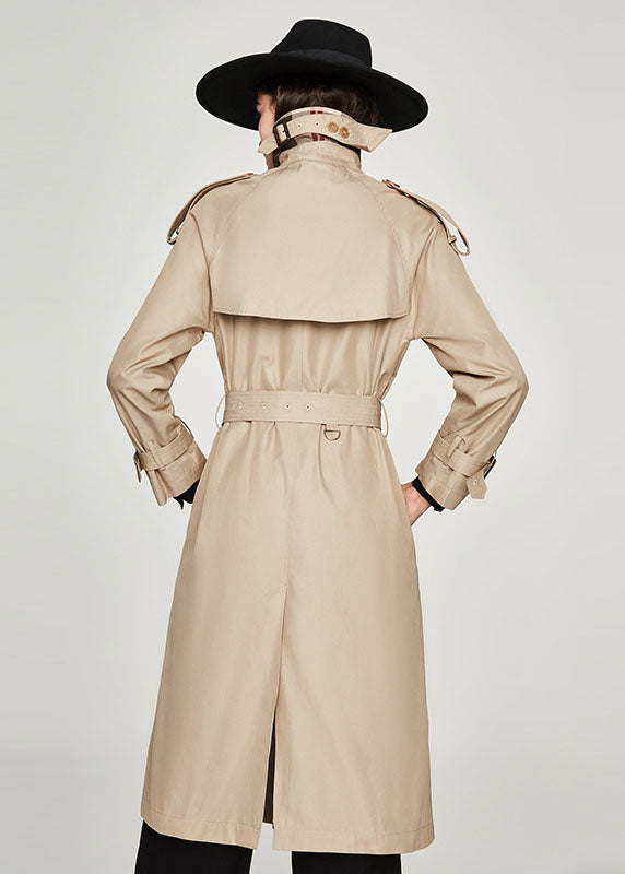 Khaki Notched Collar Side Open Cotton Double Breasted Trench Spring