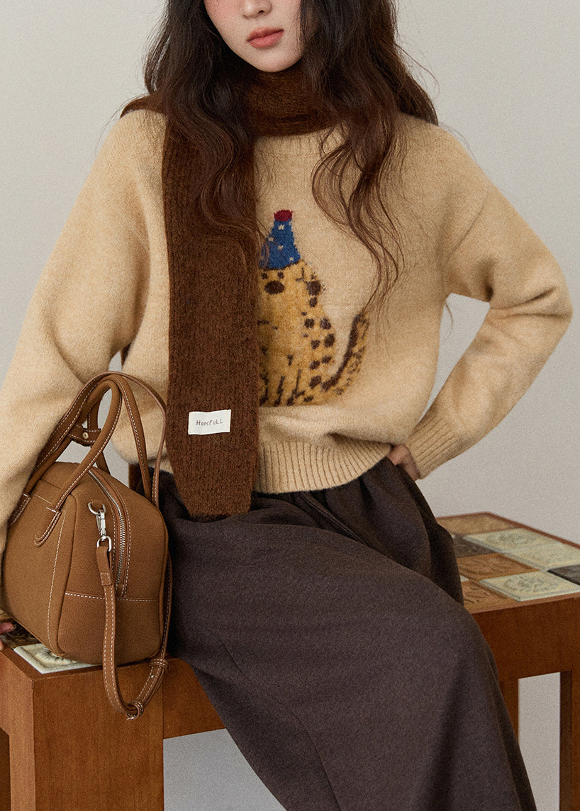 Khaki O Neck Animal Knit Sweater Winter